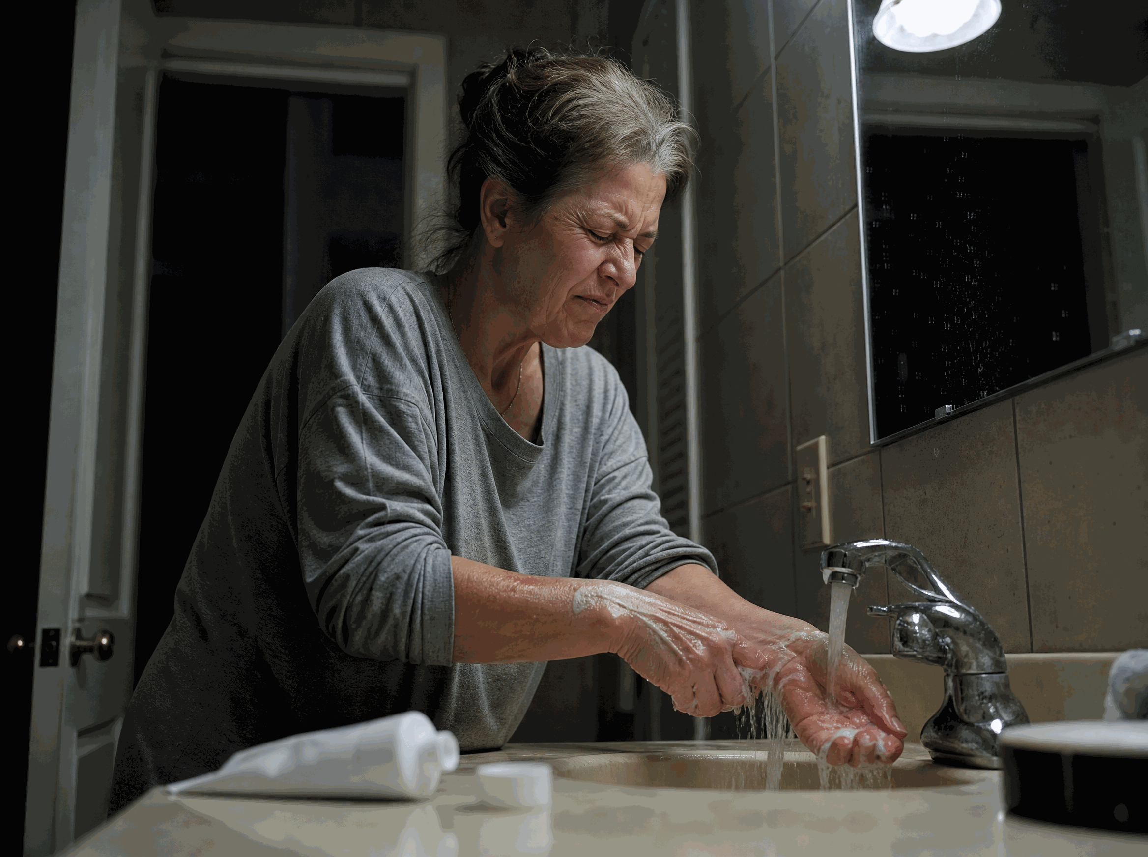 Washing greasy cream off hands at the bathroom sink at night
