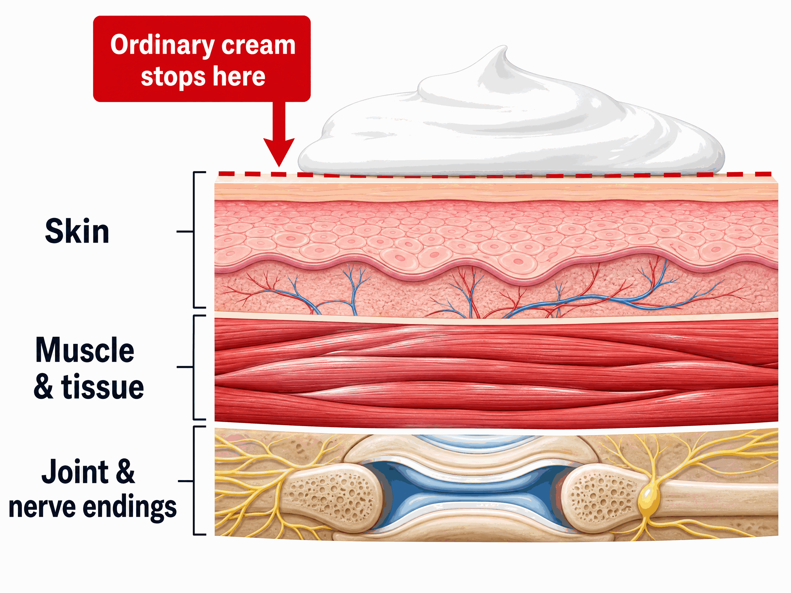 Cross-section of skin showing ordinary cream stopping on the surface