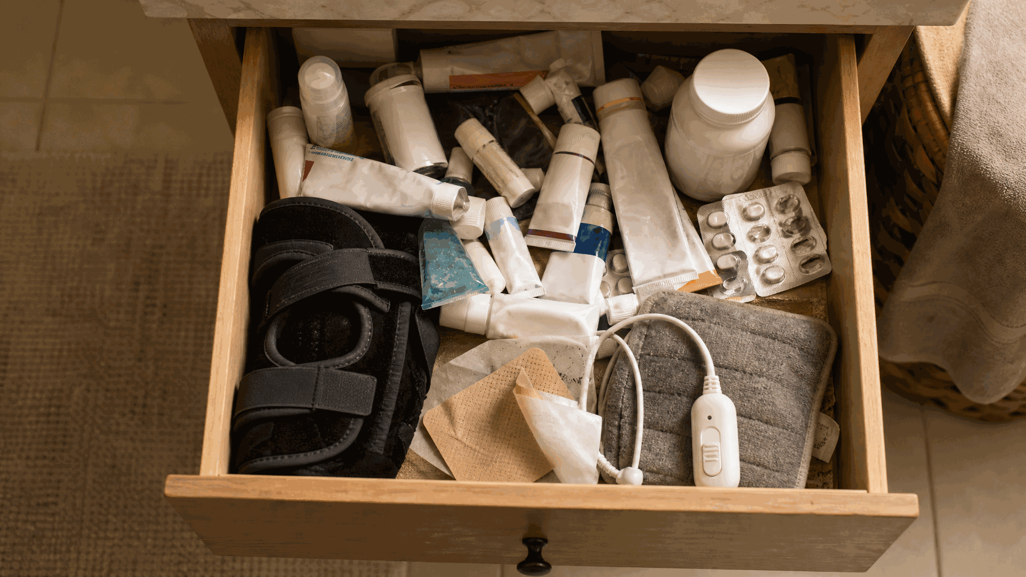 Drawer full of half-used pain creams, patches and pills