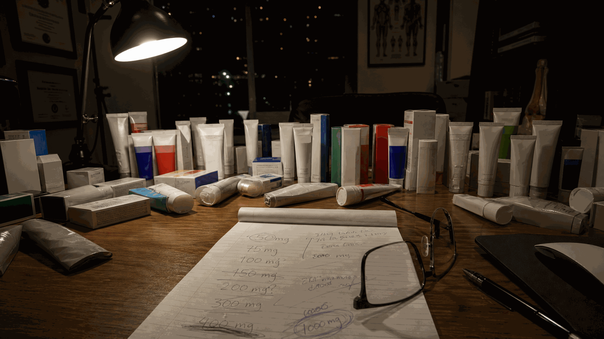 Desk covered with pain-rub tubes and labels