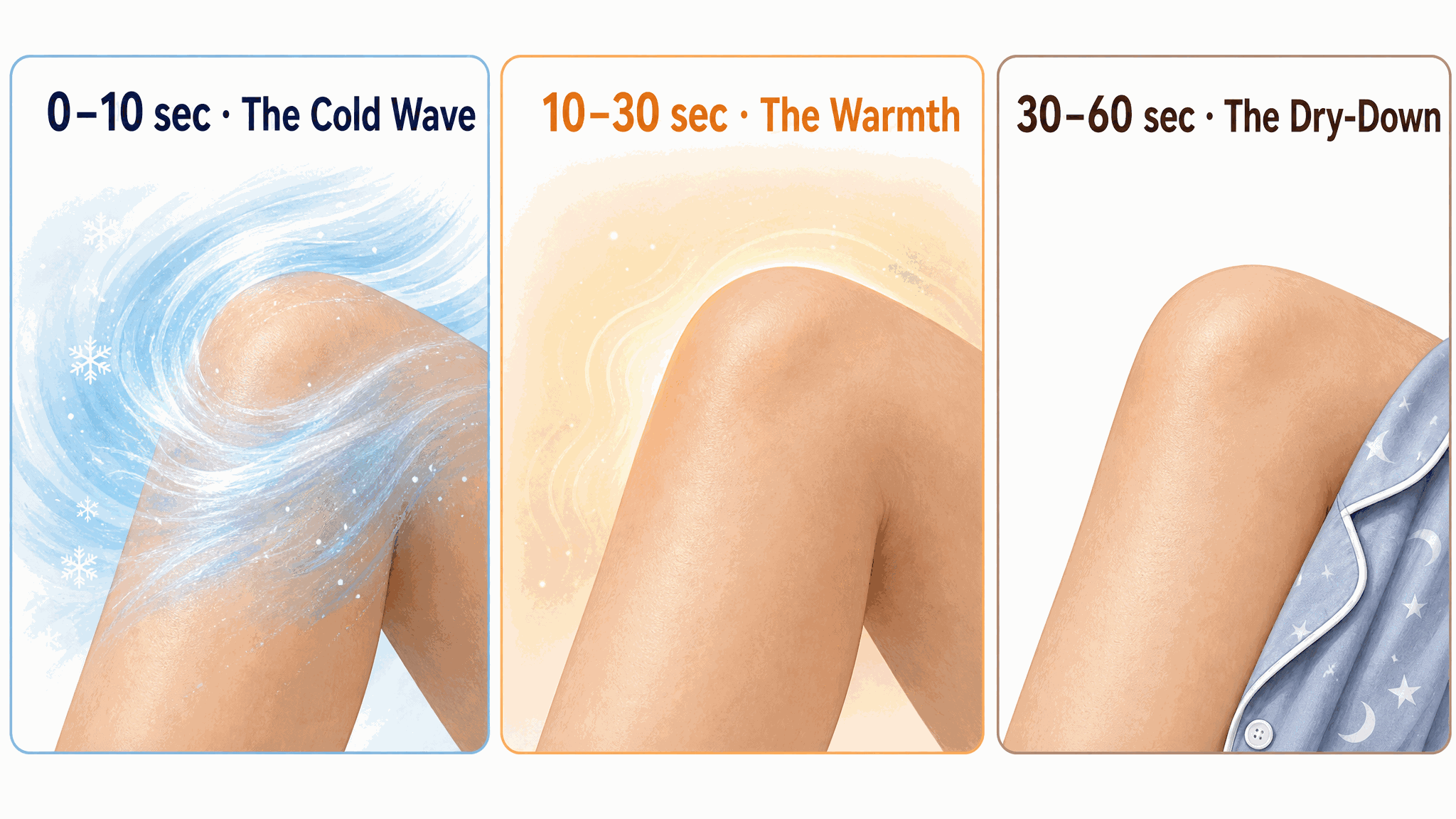 What happens in the first 60 seconds: cold wave, warmth, dry-down