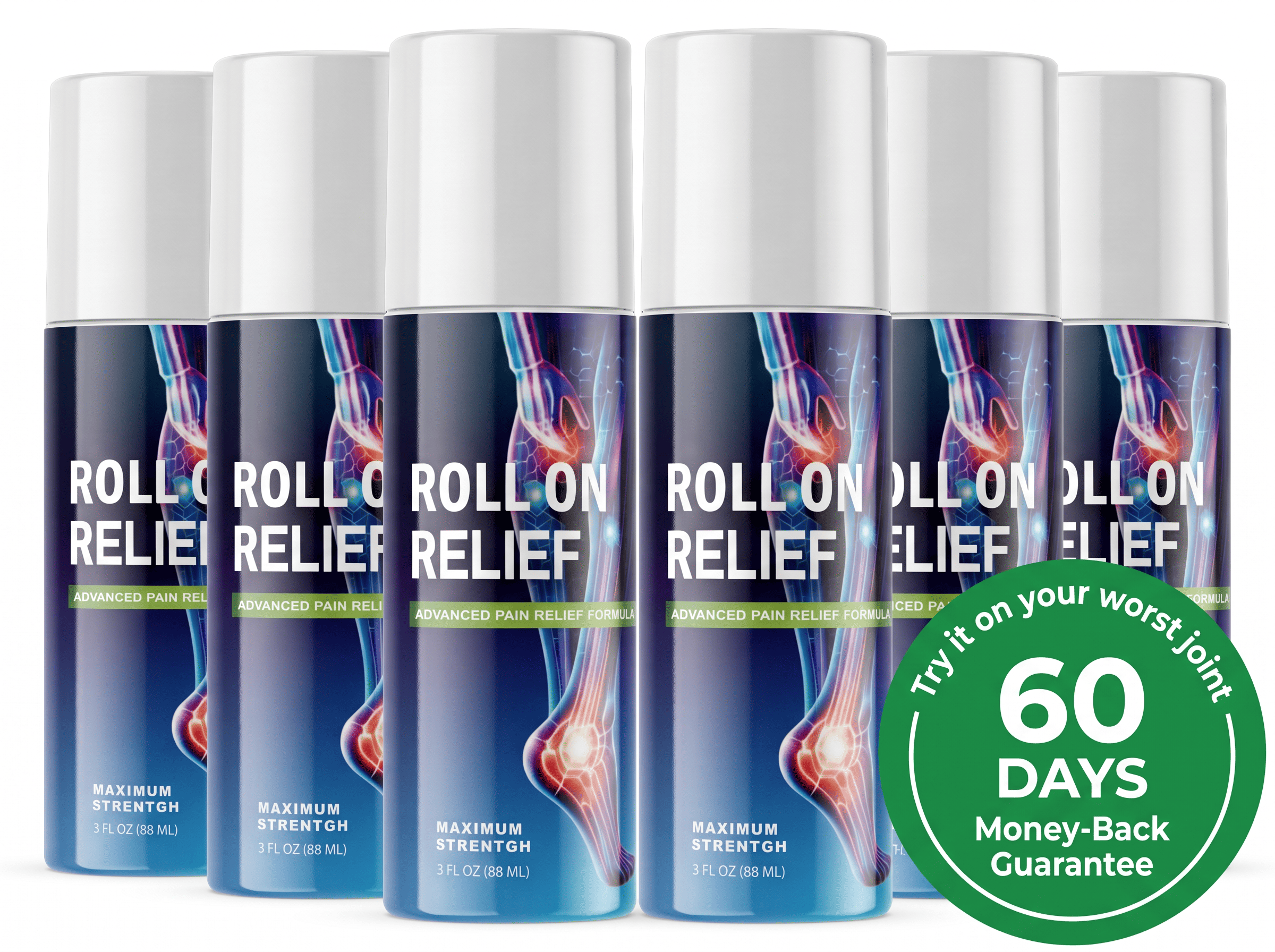 Roll On Relief six-bottle bundle with 60-day money-back guarantee badge